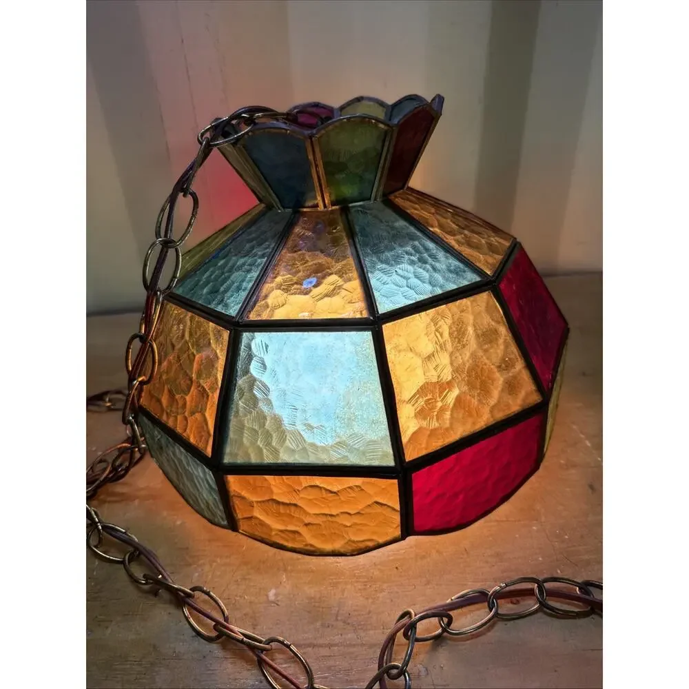1970s VTG Multi- Color Panel Swag Stained Glass Hanging Swag Ceiling Lamp Shade